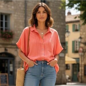 Marketplace Women's Orange Striped Button Up Shirt Oversized Cotton